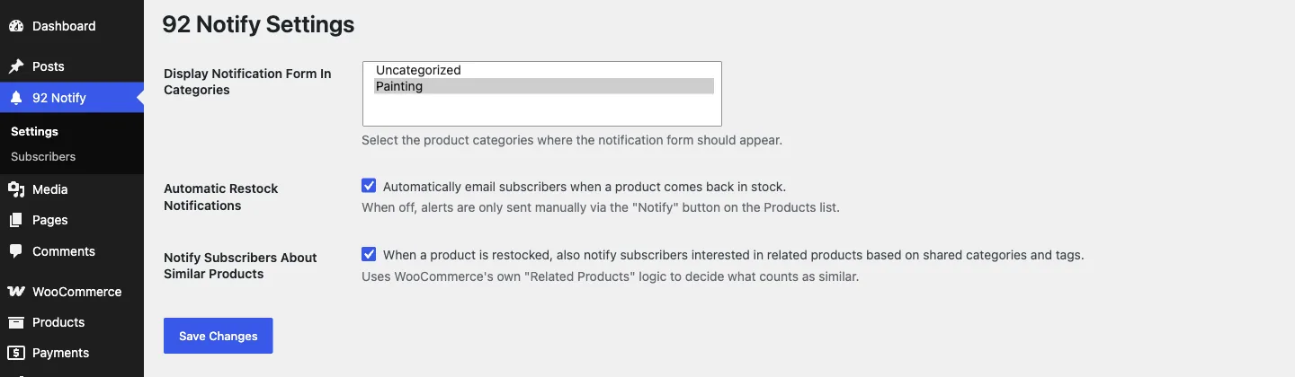 92 Notify Settings page in the WordPress admin, showing category, automatic-notification, and related-product controls
