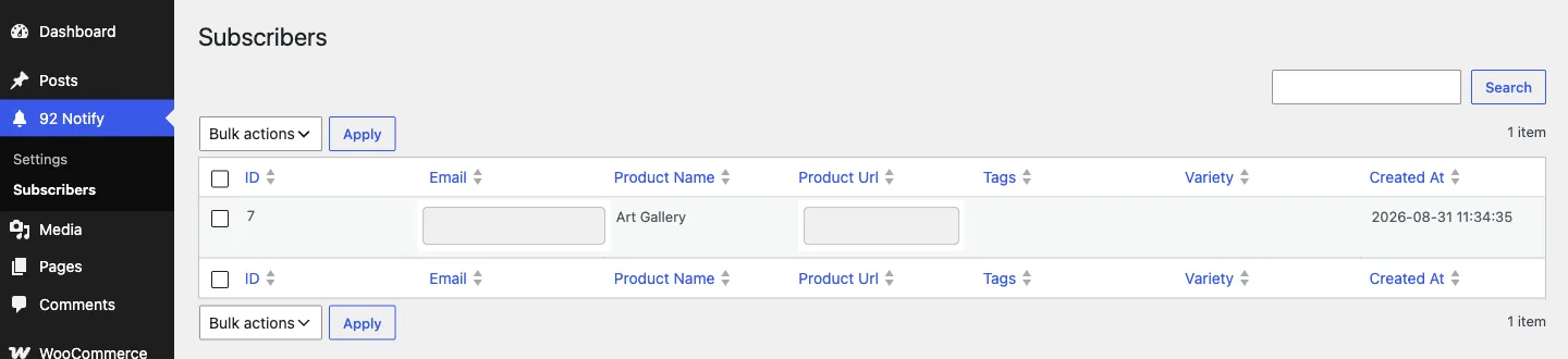 92 Notify's subscriber management table in the WordPress admin