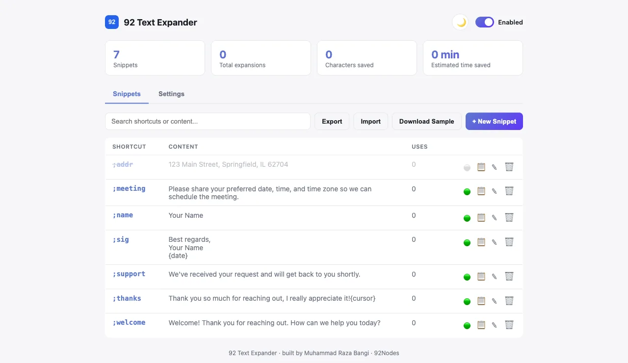 Manage All page showing an active snippet and a paused snippet side by side