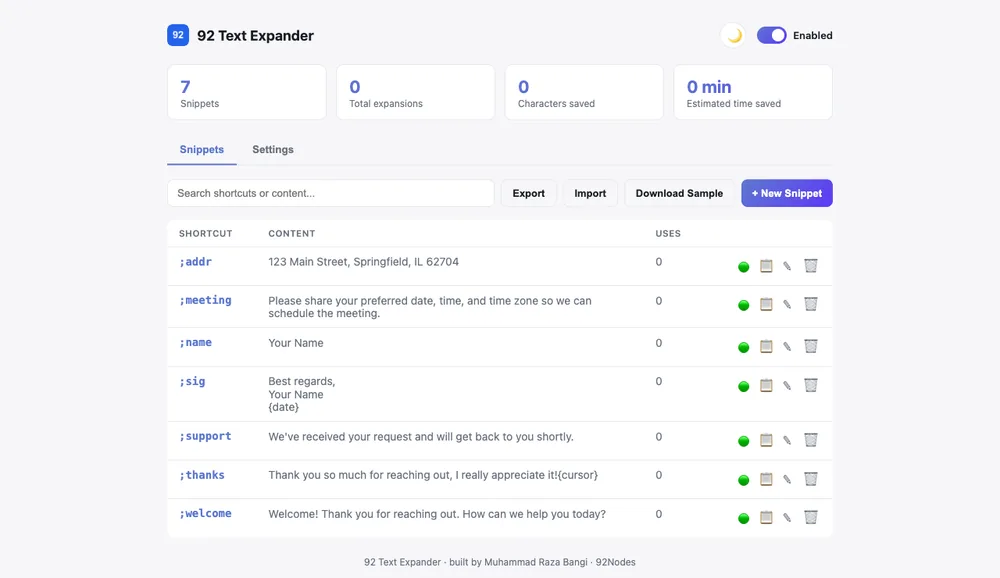 92 Text Expander's Manage All dashboard showing saved shortcuts
