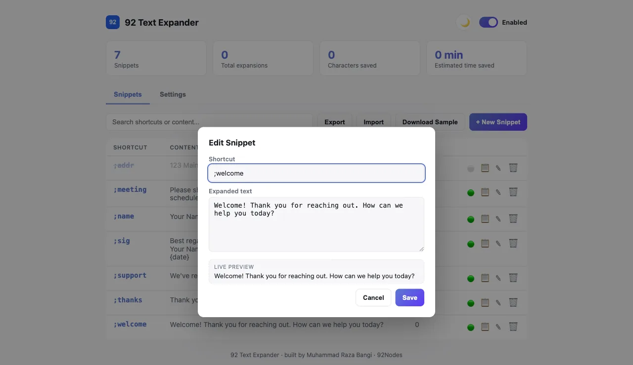 Create and edit snippet modal in 92 Text Expander with a live preview