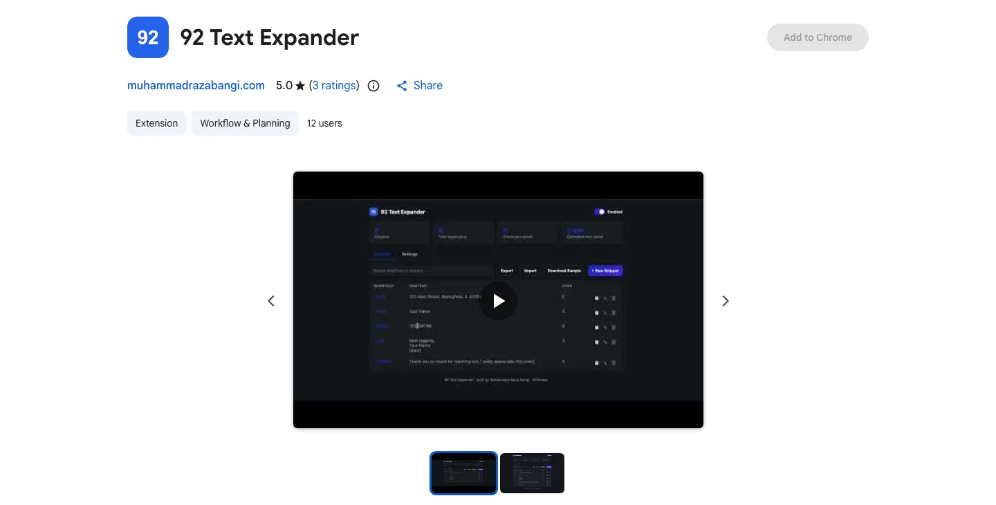 92 Text Expander listing on the Chrome Web Store