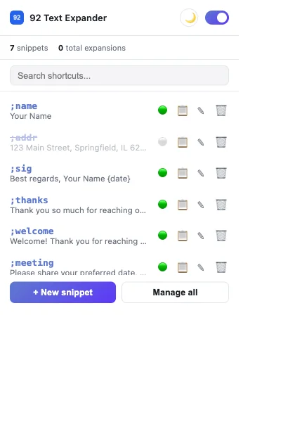 92 Text Expander toolbar popup