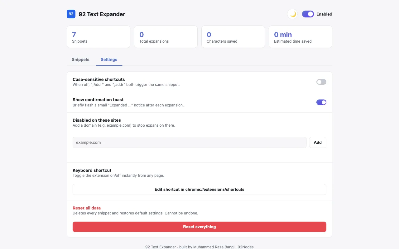 92 Text Expander settings tab with case sensitivity, confirmation toast, and excluded sites