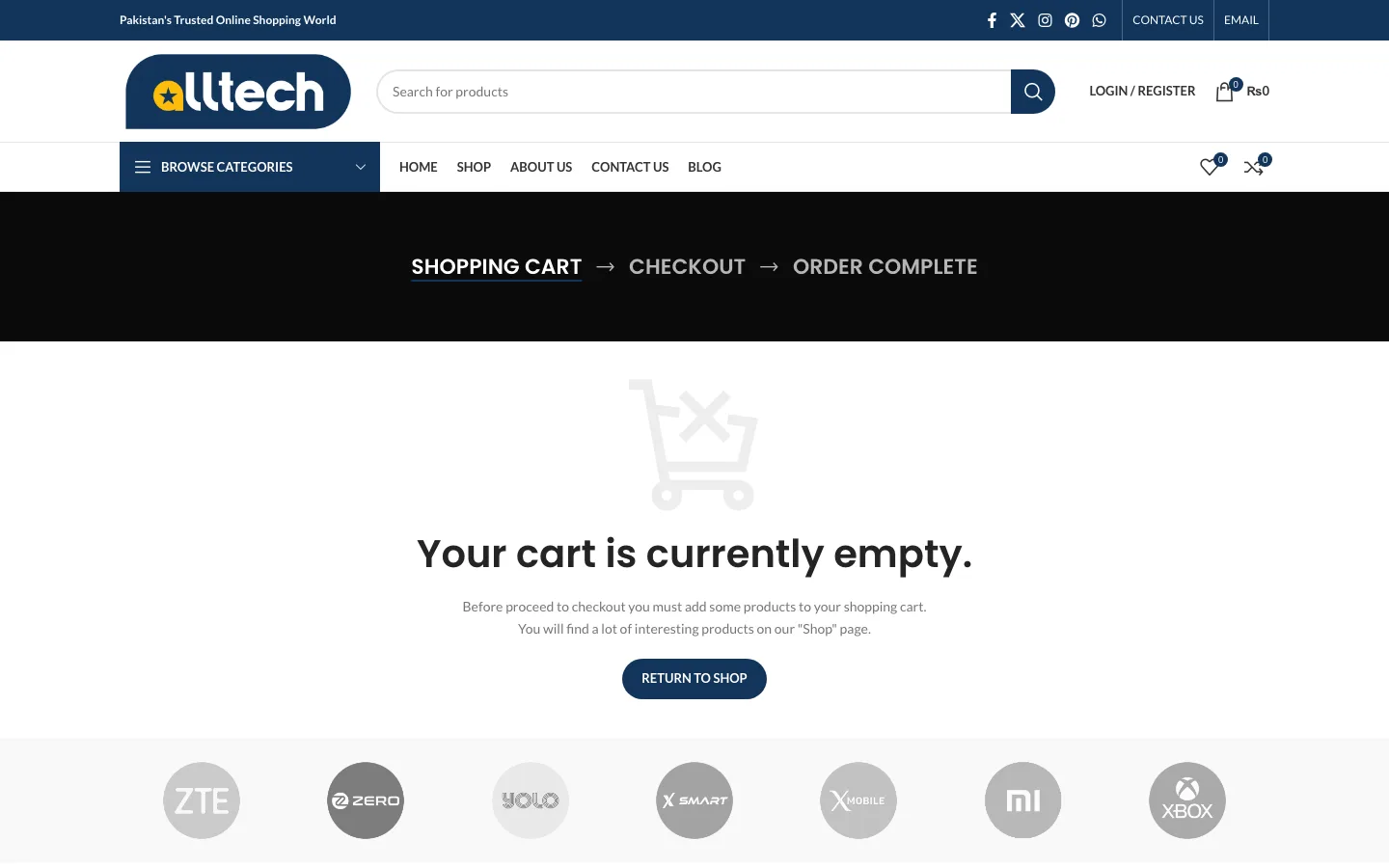 Shopping cart page on Alltech showing the cart, checkout, and order-complete steps