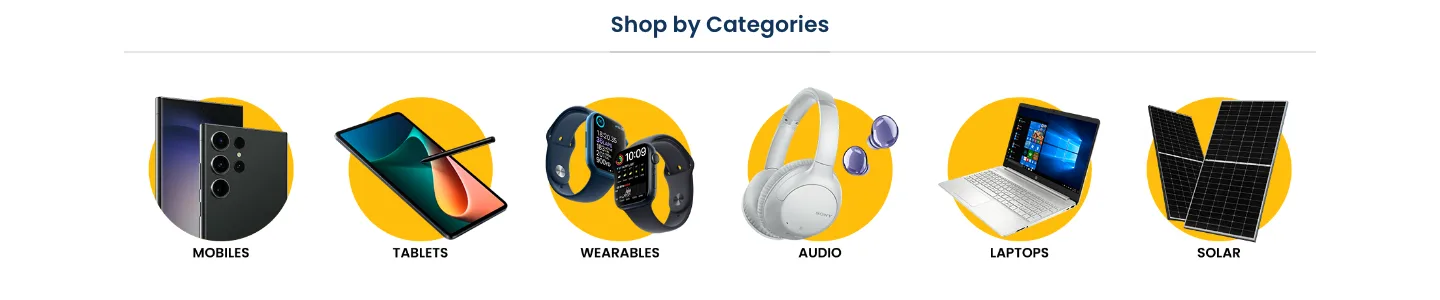 Shop by categories navigation on Alltech showing mobiles, tablets, wearables, audio, laptops, and solar