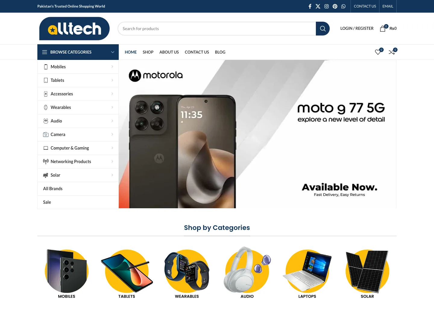Desktop homepage of the Alltech multi-category technology store