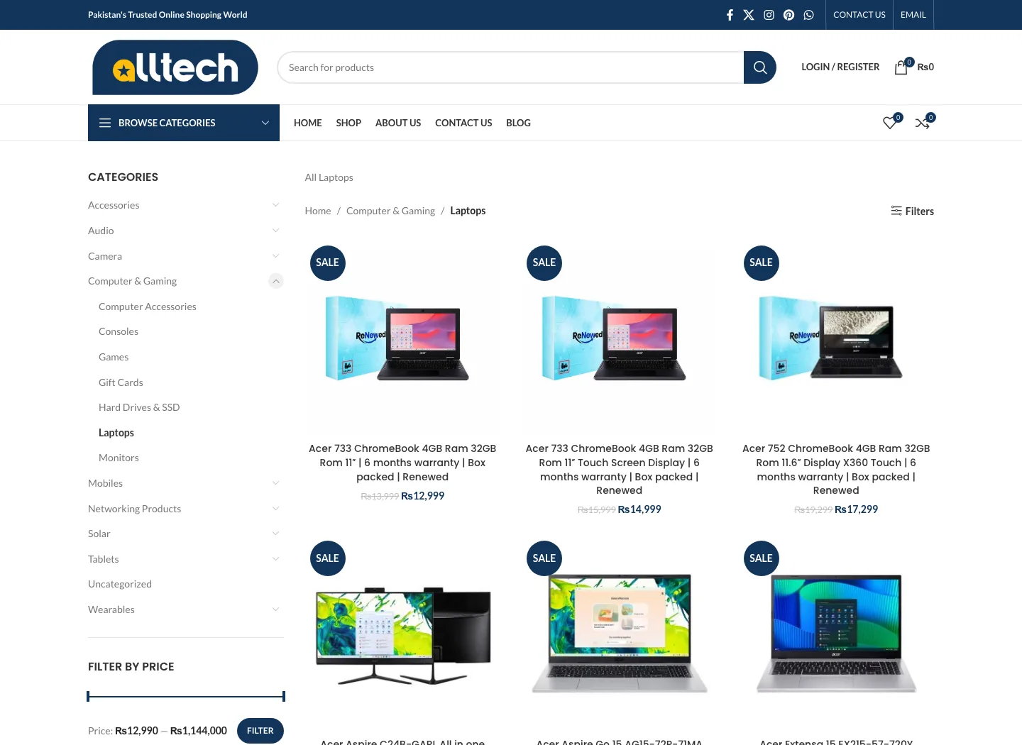 Laptops category page on Alltech showing renewed and official-warranty computer listings