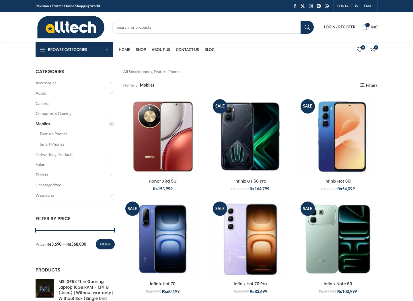 Mobiles category page on Alltech with sidebar filters and a grid of smartphone listings