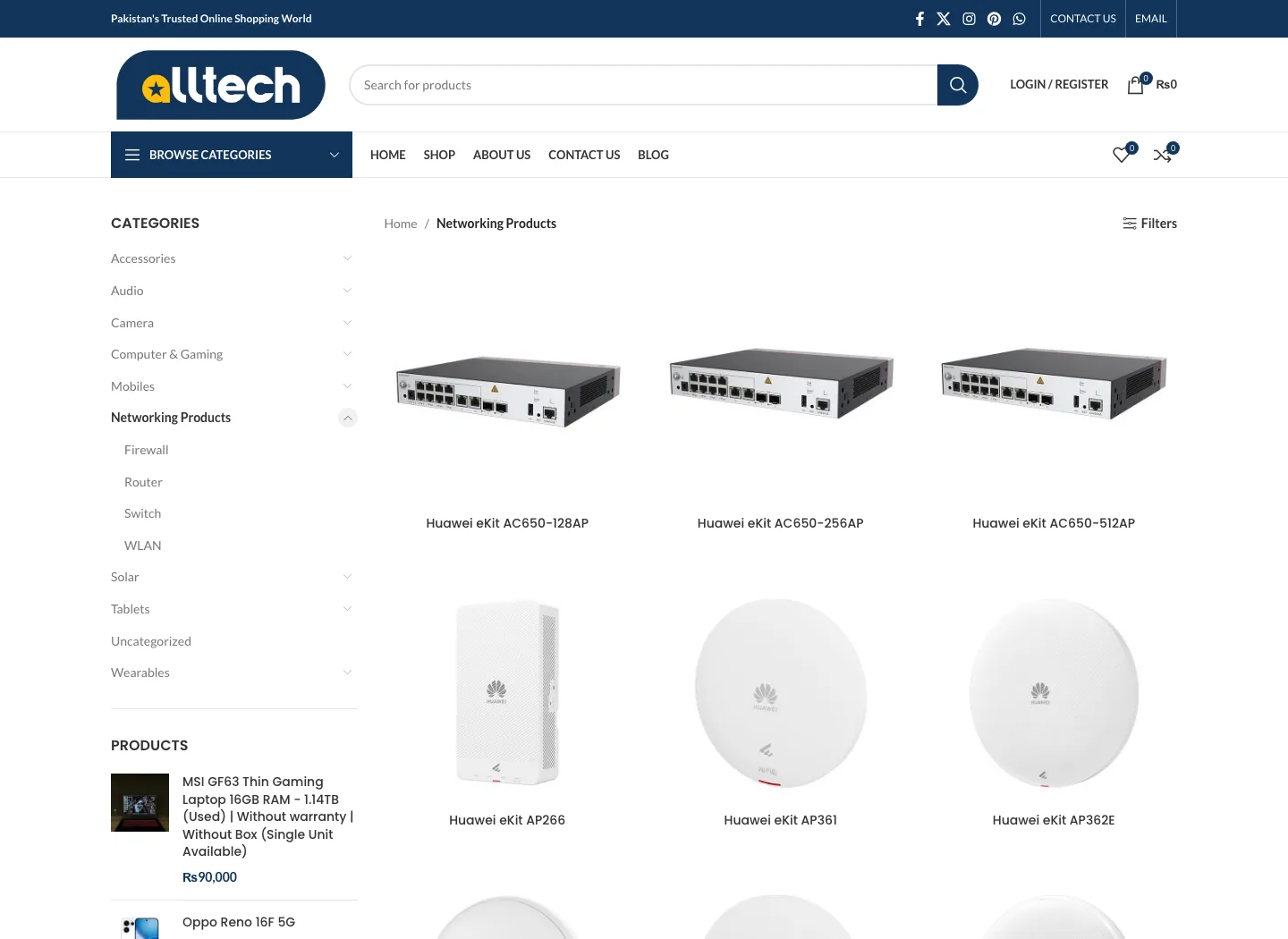 Networking products category on Alltech showing enterprise access points and switches