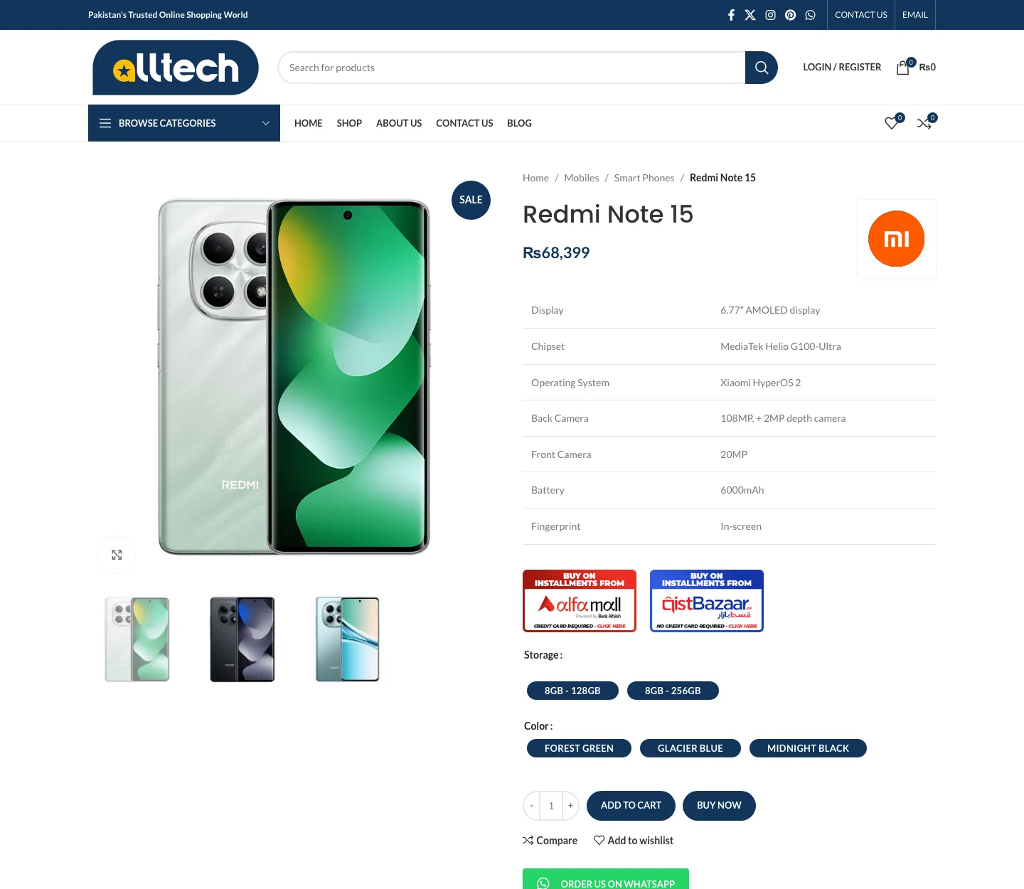 Product detail page on Alltech showing specifications, pricing, and purchase options for a smartphone