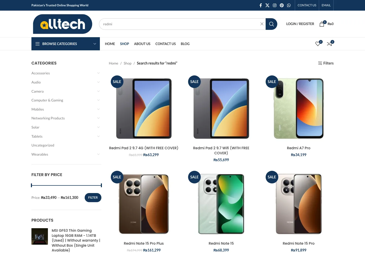 Search results page on Alltech showing matching products for a search query