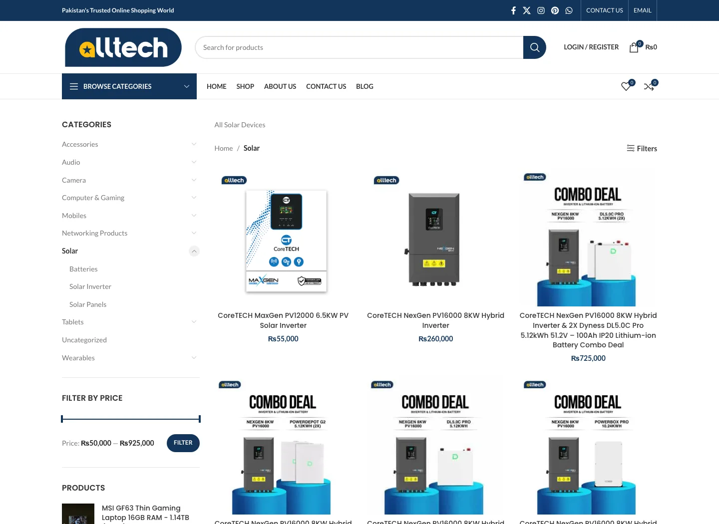 Solar products category on Alltech showing solar inverters and battery combo deals