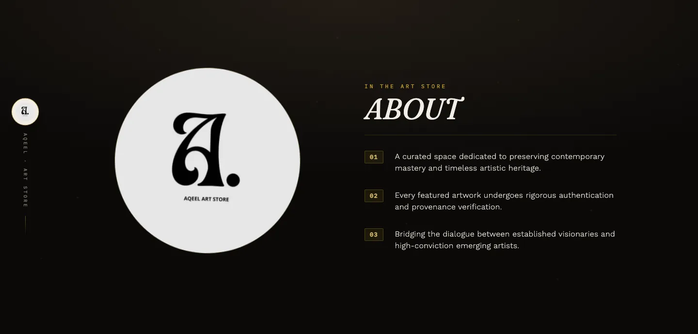 About section of the Aqeel Art Store website, presenting the gallery's identity and curatorial approach