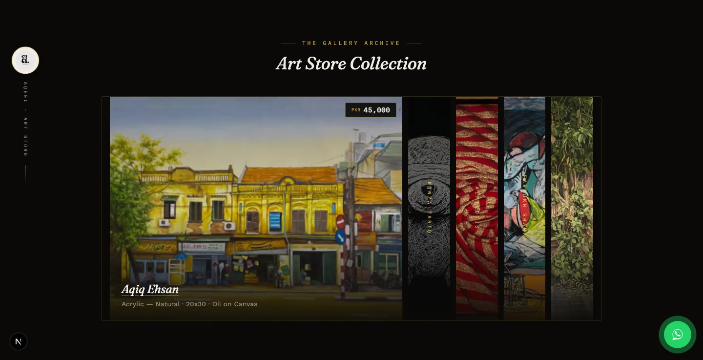 Art Store Collection archive on the Aqeel Art Store website, showing an expanded artwork panel with artist, medium, and price