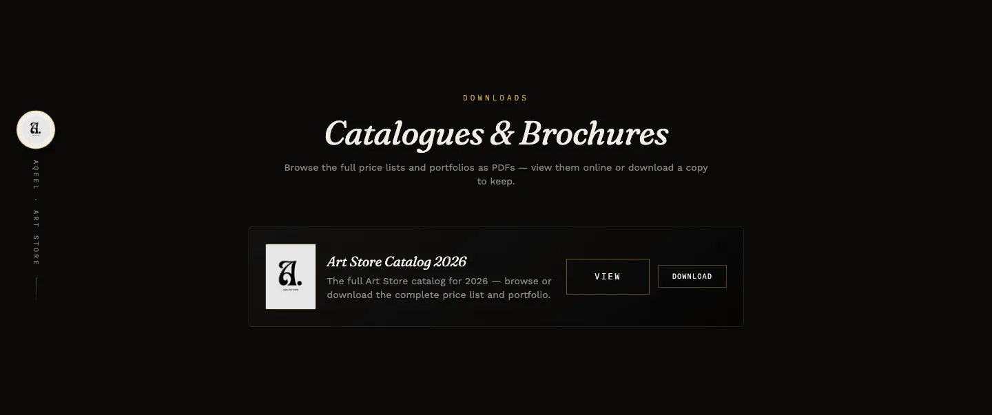 Catalogues and Brochures section of the Aqeel Art Store website, with view and download PDF actions