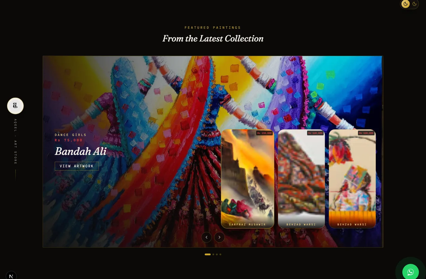 Featured Paintings section of the Aqeel Art Store gallery, showing a large painting with artist, title, and price