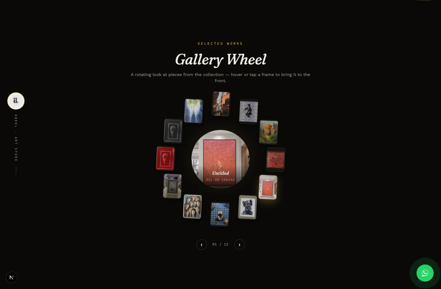 Gallery Wheel interaction on the Aqeel Art Store website, showing artwork frames arranged in a rotating ring