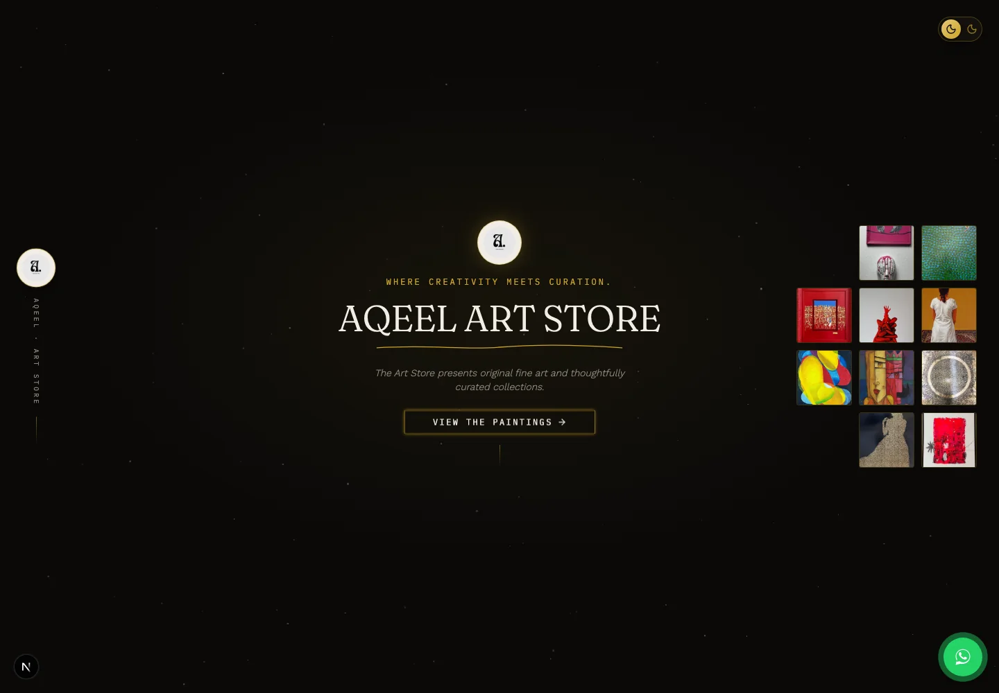 Desktop exhibition-entrance hero of the Aqeel Art Store digital gallery, with an artwork mosaic beside the gallery title