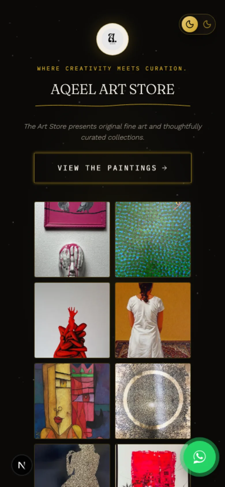 Mobile presentation of the Aqeel Art Store gallery hero and artwork mosaic