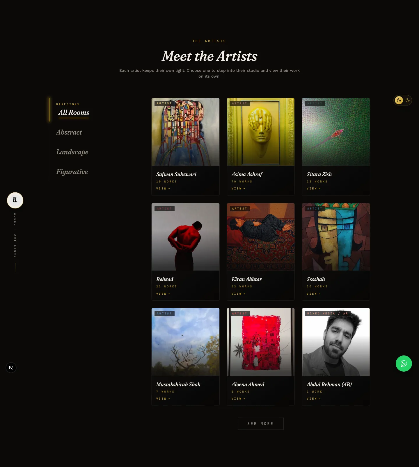 Meet the Artists directory on the Aqeel Art Store website, showing artist portraits, names, and category navigation