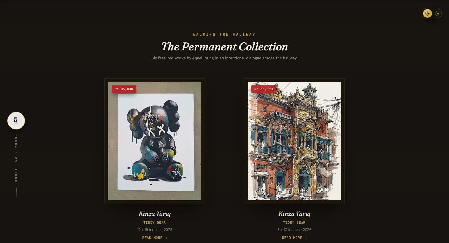 The Permanent Collection hallway on the Aqeel Art Store website, showing framed paintings with artist, title, and price