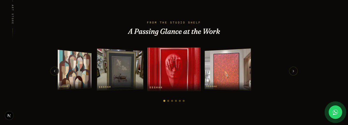 Studio Shelf carousel on the Aqeel Art Store website, showing a strip of artwork with previous and next controls