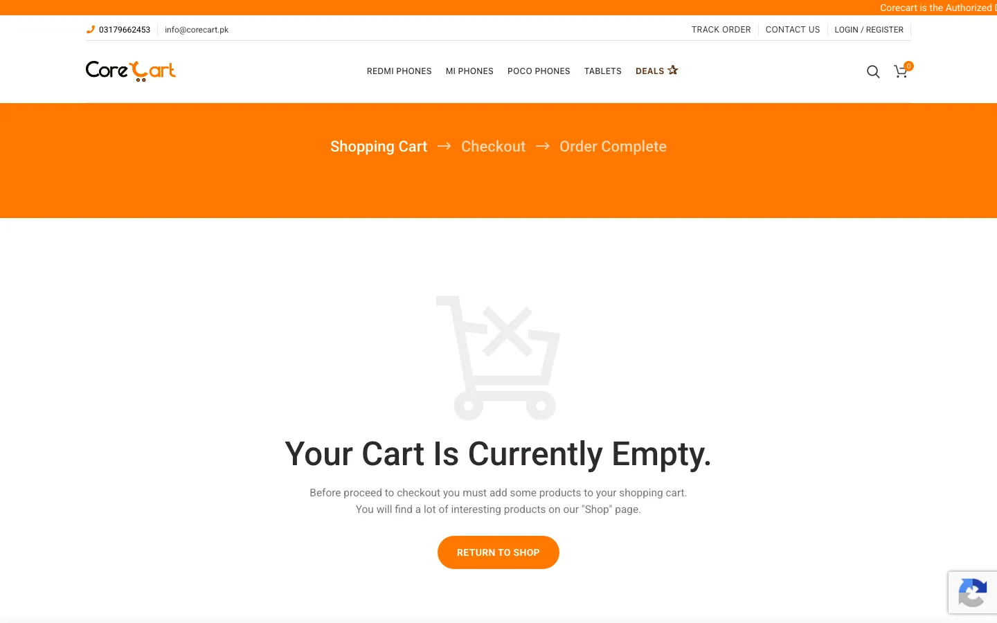 Shopping cart page on Corecart showing the cart, checkout, and order-complete steps