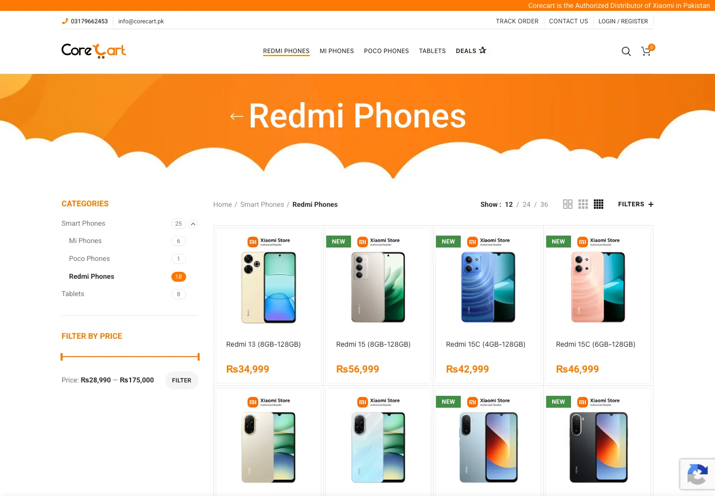 Redmi phones category page on Corecart with sidebar filters for category and price