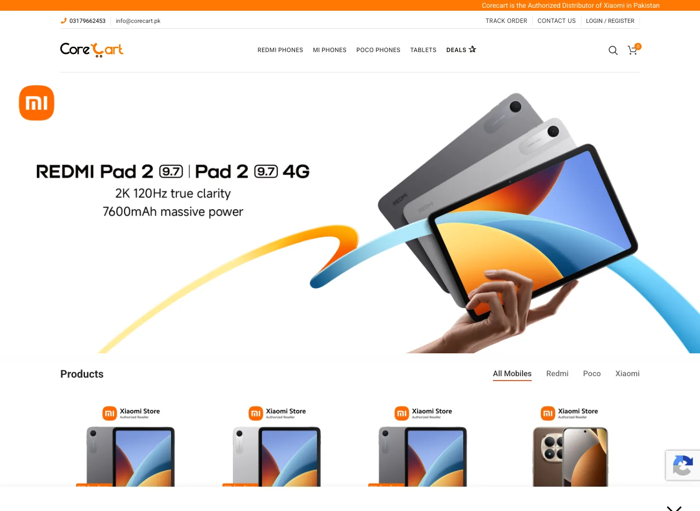 Homepage of the Corecart eCommerce store showing its Xiaomi product catalog