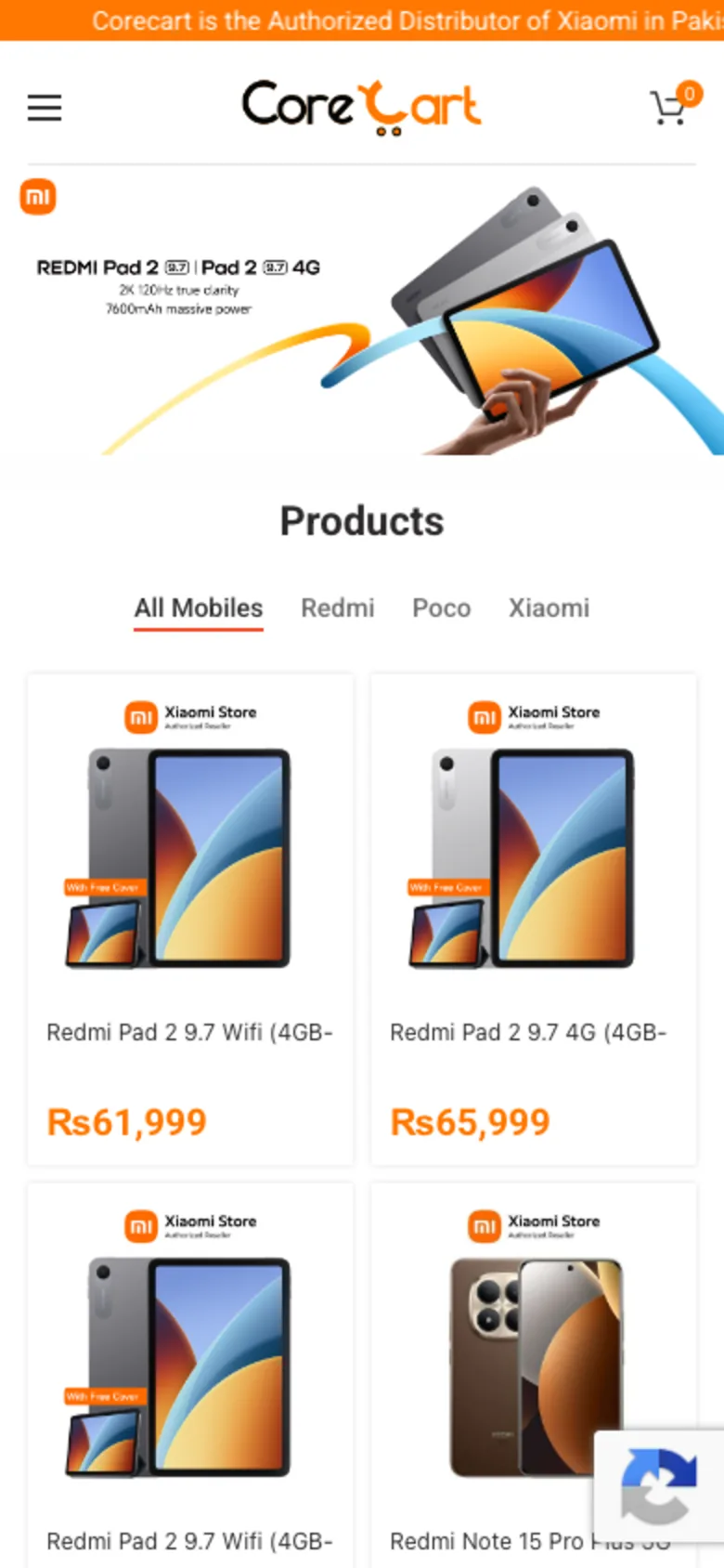 Mobile homepage of the Corecart eCommerce store
