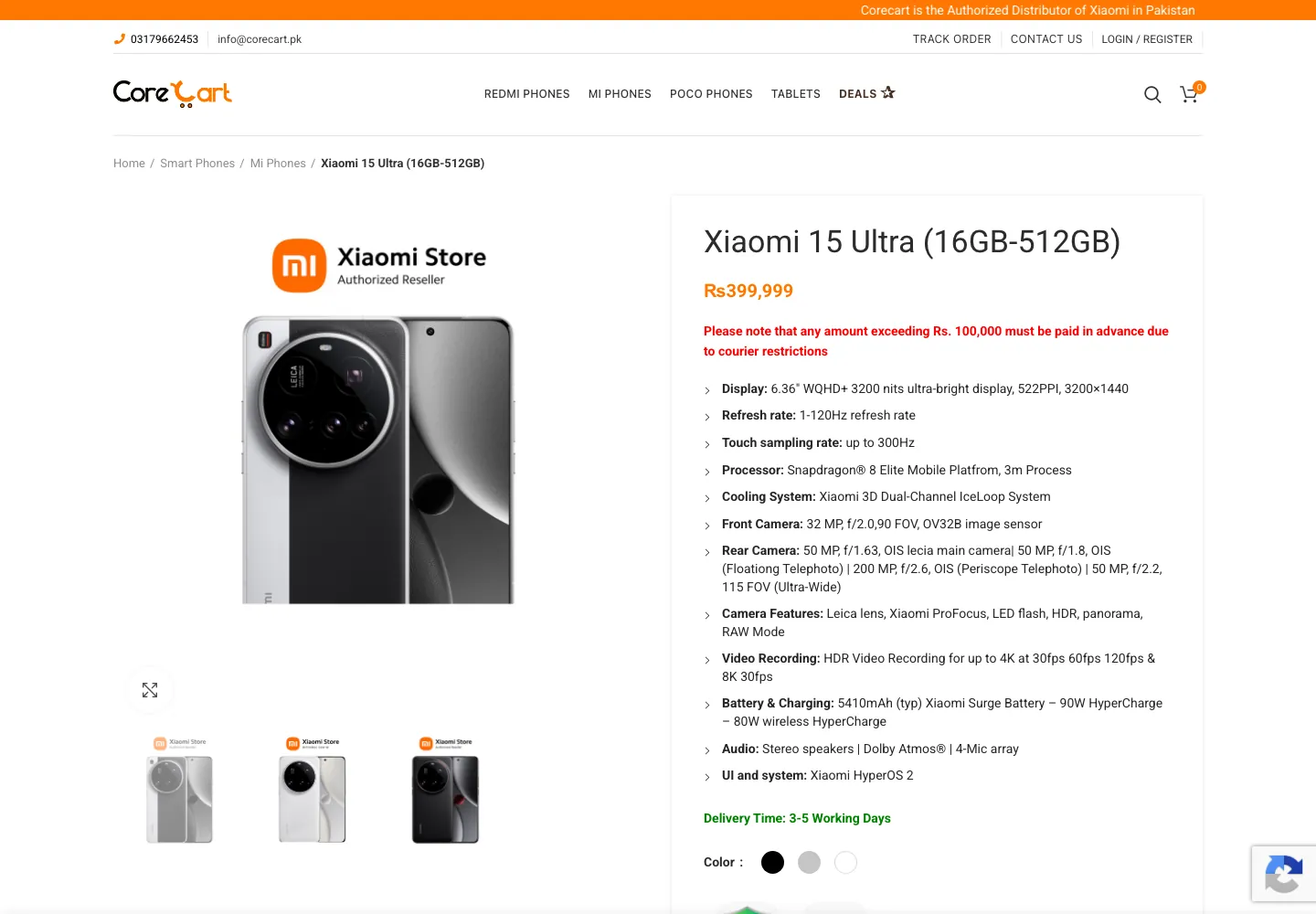 Product detail page on Corecart showing specifications, color options, and pricing for a Xiaomi device