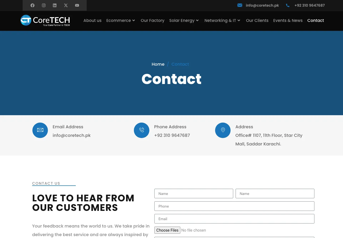 Contact page on the CoreTECH website with contact details and an inquiry form