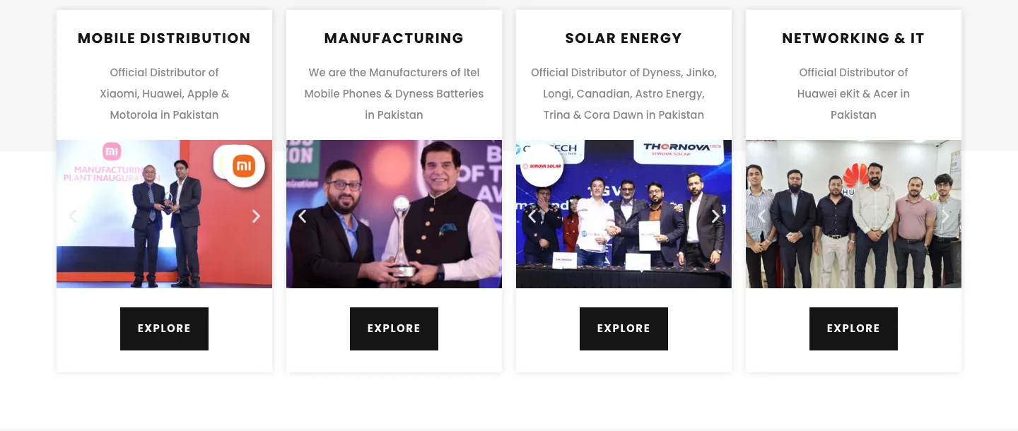 Mobile Distribution, Manufacturing, Solar Energy, and Networking & IT division cards on the CoreTECH website