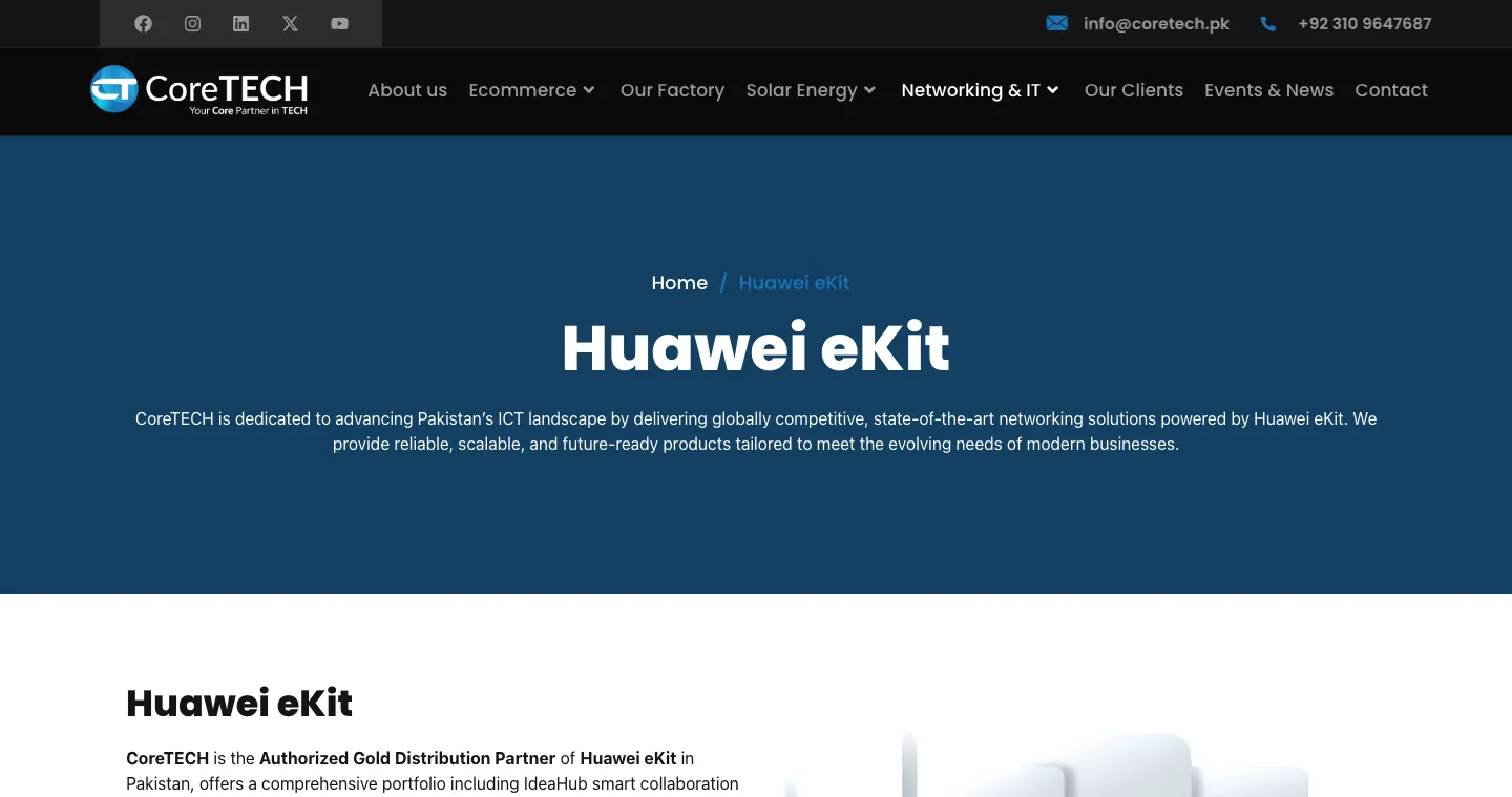 Huawei eKit networking page on the CoreTECH website