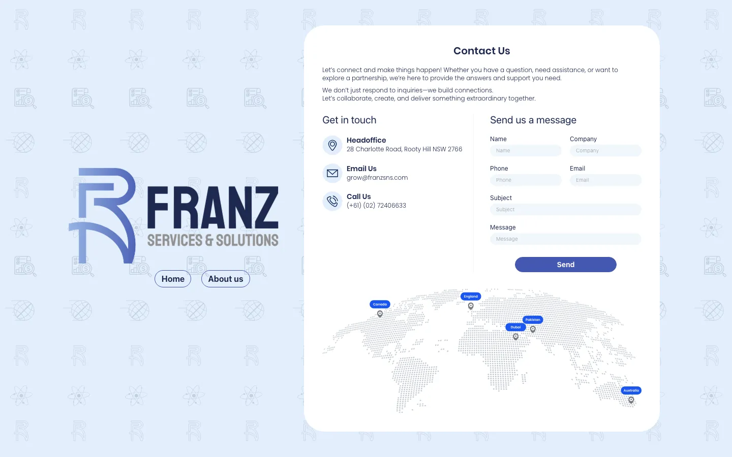 Contact page of the FRANZ Services & Solutions website with contact details and inquiry form